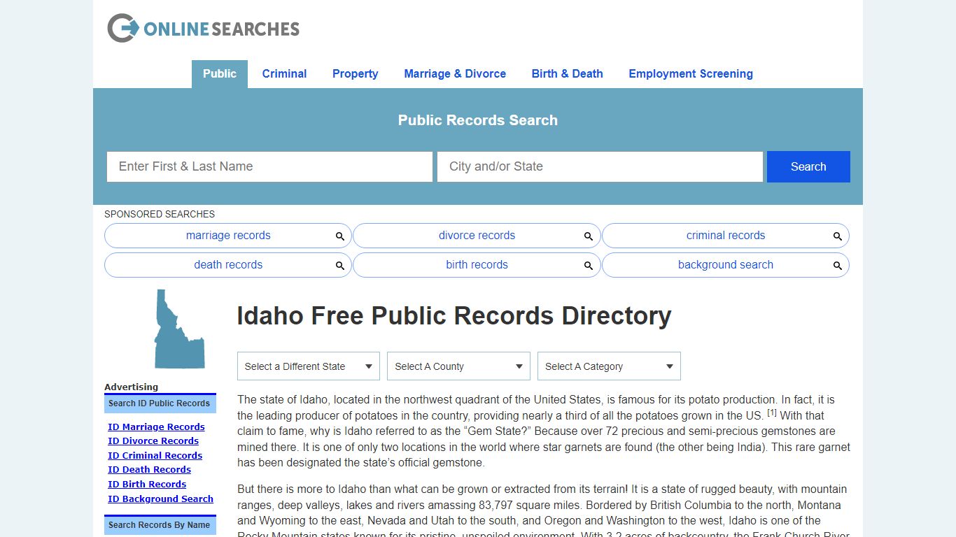 Idaho Free Public Records Directory - OnlineSearches.com